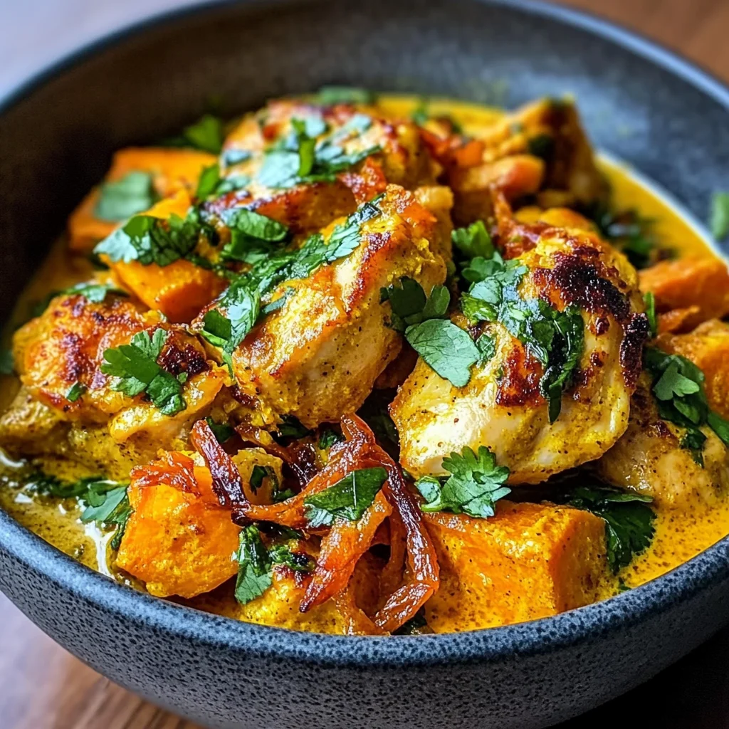 Coconut Turmeric Chicken with Sweet Potatoes and Crispy Shallot Oil