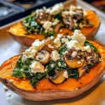 Twice-Baked Sweet Potatoes with Spinach, Mushroom & Feta