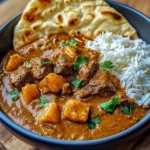 Coconut Beef Curry with Fragrant Basmati Rice and Naan