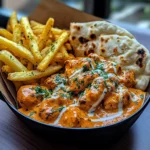 Creamy Butter Chicken with Garlic Drizzle, Fries & Warm Naan