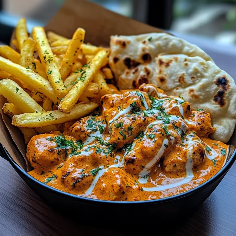 Creamy Butter Chicken with Garlic Drizzle, Fries & Warm Naan