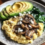 Creamy Scrambled Eggs with Sautéed Mushrooms, Spinach & Avocado
