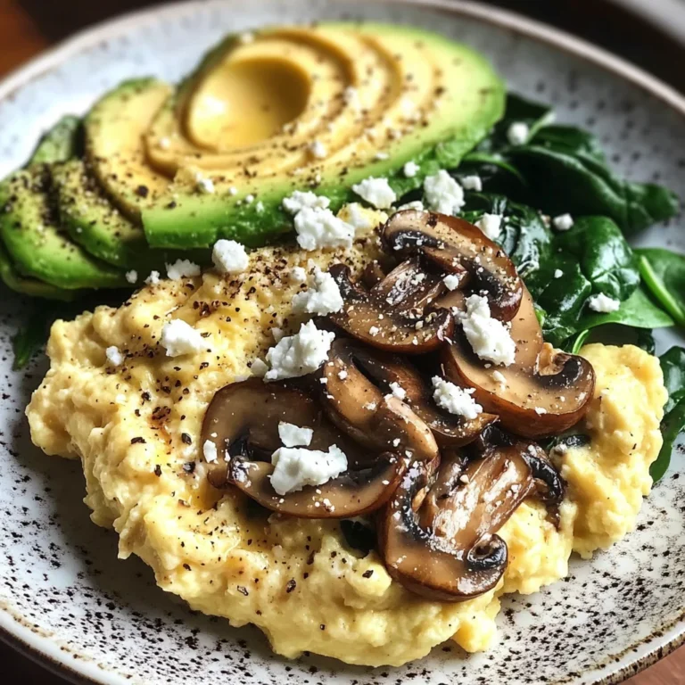 Creamy Scrambled Eggs with Sautéed Mushrooms, Spinach & Avocado