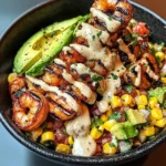 Grilled Shrimp Bowl with Avocado, Corn Salsa & Creamy Garlic Sauce
