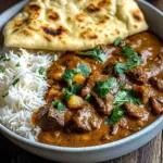 Slow-Cooked Beef Curry in Coconut Gravy with Toasted Garlic Naan